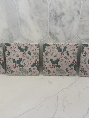 Thirstystone Set of 4 Holly Berry Christmas Stone Coasters Absorbent Cork USA
